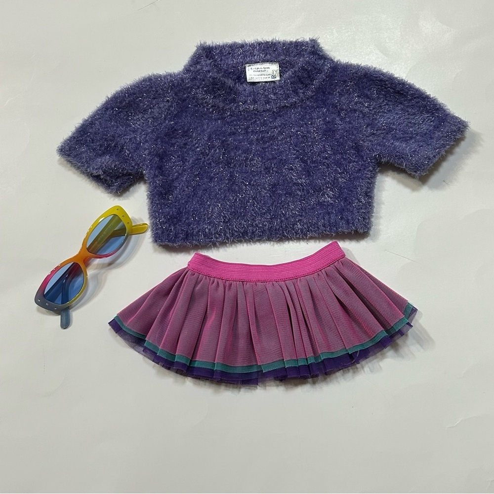Build-A-Bear Workshop Multi-Color Tutu Skirt and Fuzzy Purple Sweater Set